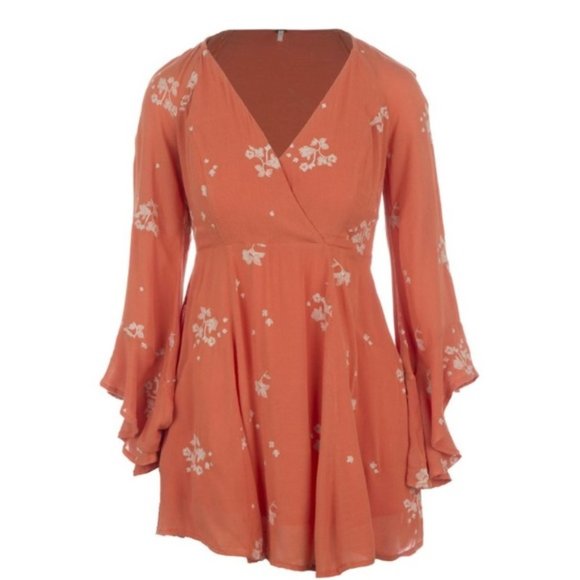 New Free People Jasmine embroidered faux wrap surplice trumpet sleeve mini dress - Picture 5 of 16
